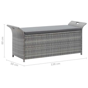 Graue vidaXL Sitzbank mit Stauraum, Kissen und Poly Rattan, 138 cm breit. Möbel für Garten und Terrasse.