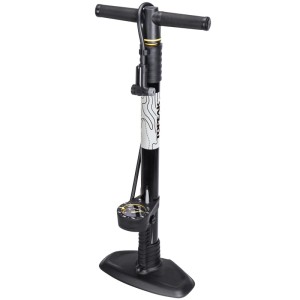 Schwarze Topeak JoeBlow Mountain X Standpumpe mit Manometer und stabilem Fuß für Fahrräder.