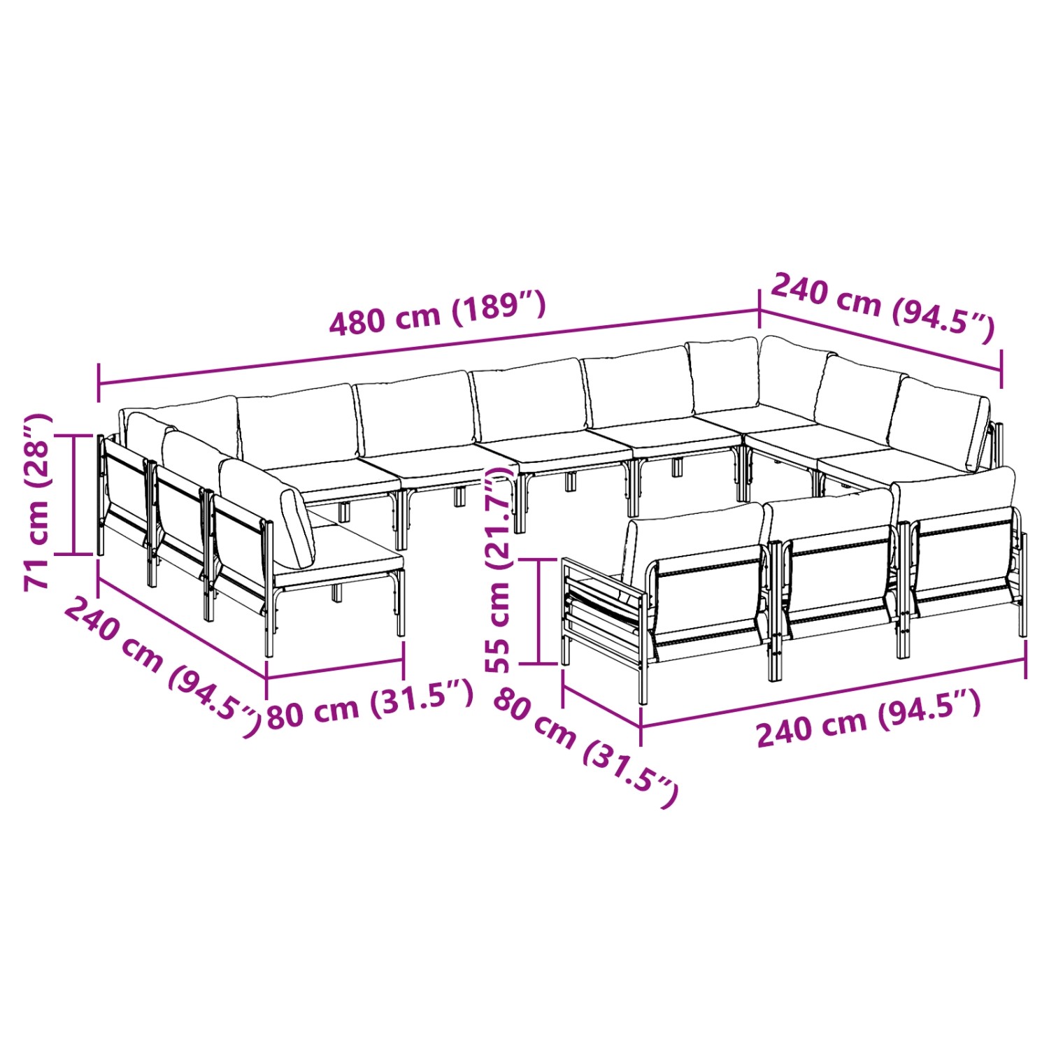 vidaXL Garten-Sofa-Set, 13-teilig, anthrazitfarben, Stahl, mit Maßangaben.