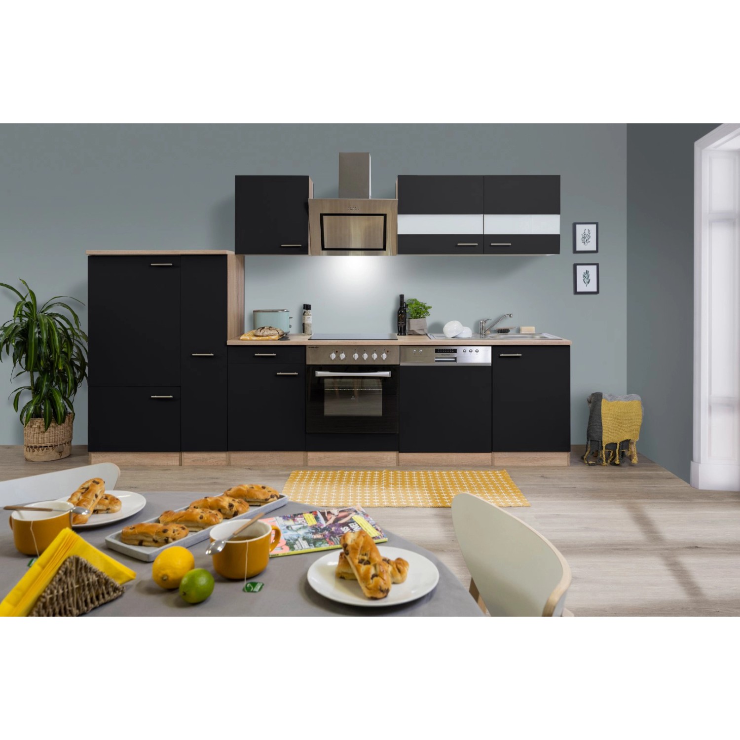 Respekta Economy Küchenzeile/Küchenblock KB310ESSSC 310 cm Schwarz-Eiche Sägerau