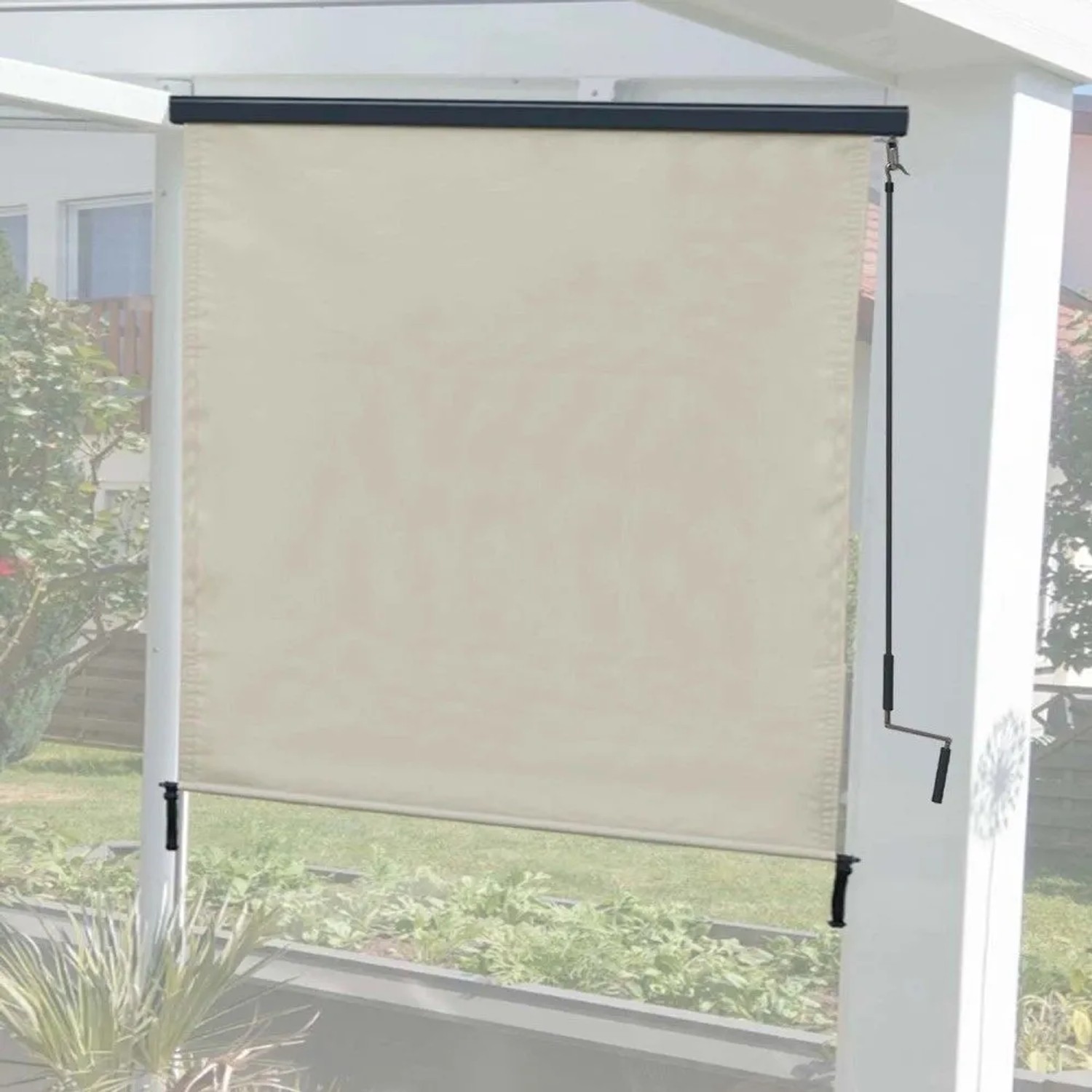 Creme-beige Vertikalmarkise 250x180cm als Sonnenschutz und Sichtschutz für Balkon oder Terrasse, mit Kurbel.
