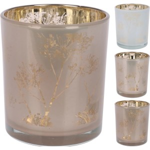 Teelichthalter Mercury, 3-fach sortiert, mit filigranem Blumenmuster in Gold auf Glas in Weiß, Braun und Hellbraun.