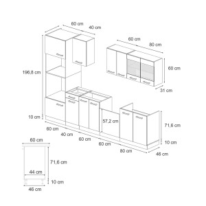 Skizze der Vicco R-Line Küchenzeile 300 cm in Artisan Eiche/Weiß mit Maßen.