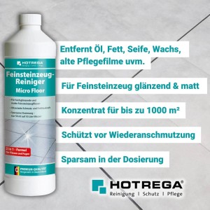 Hotrega Feinsteinzeug Reiniger Microfloor Konzentrat 1 L. Weiße Flasche für glänzende & matte Fliesen, entfernt Öl, Fett, Wachs.