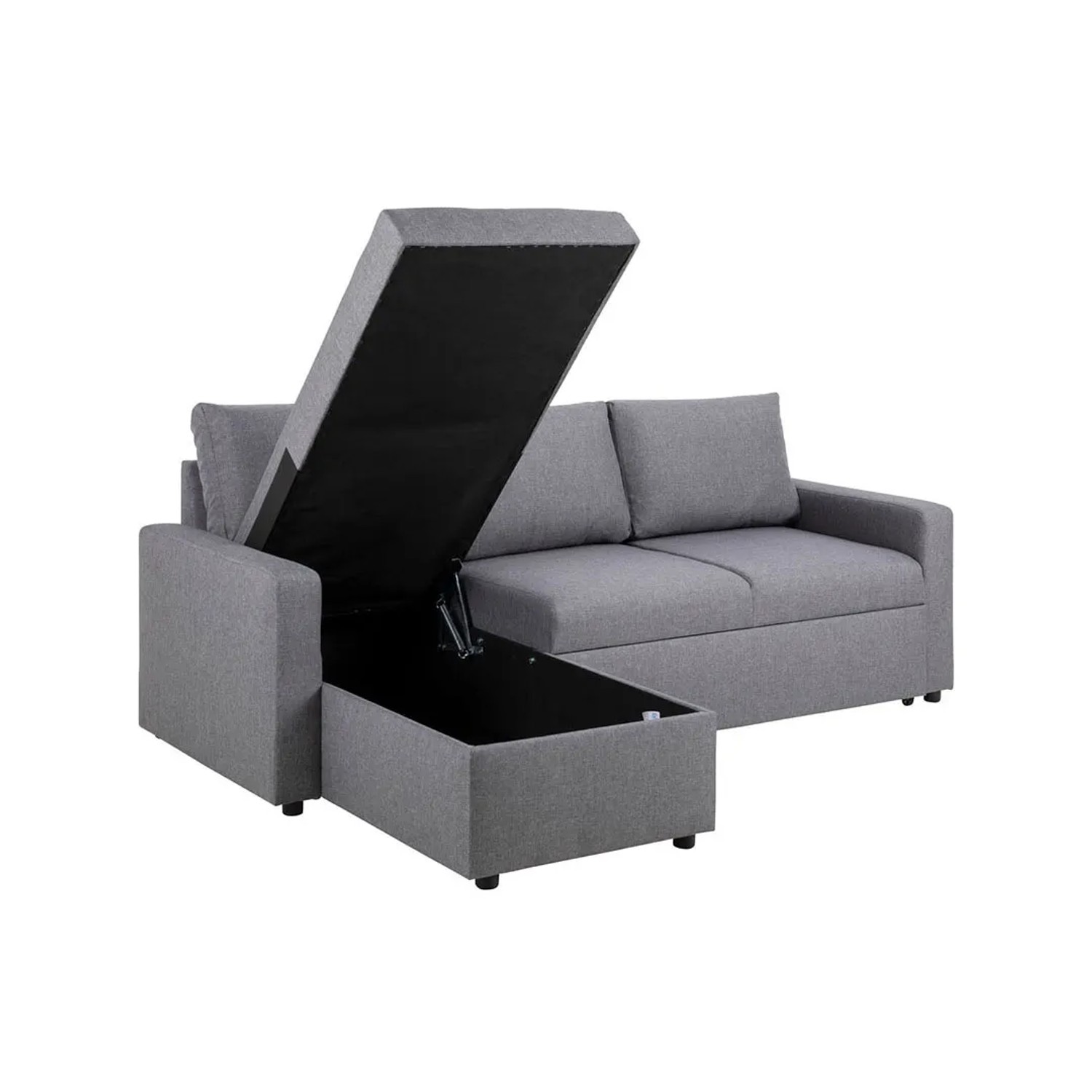Hellgraues ebuy24 Schlafsofa mit Ottomane, Auszug und Stauraum offen.