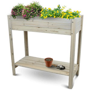 Holz4home Hochbeet aus Kiefernholz, natur/grauweiß, mit Pflanzen, Ablage und Gartenzubehör.