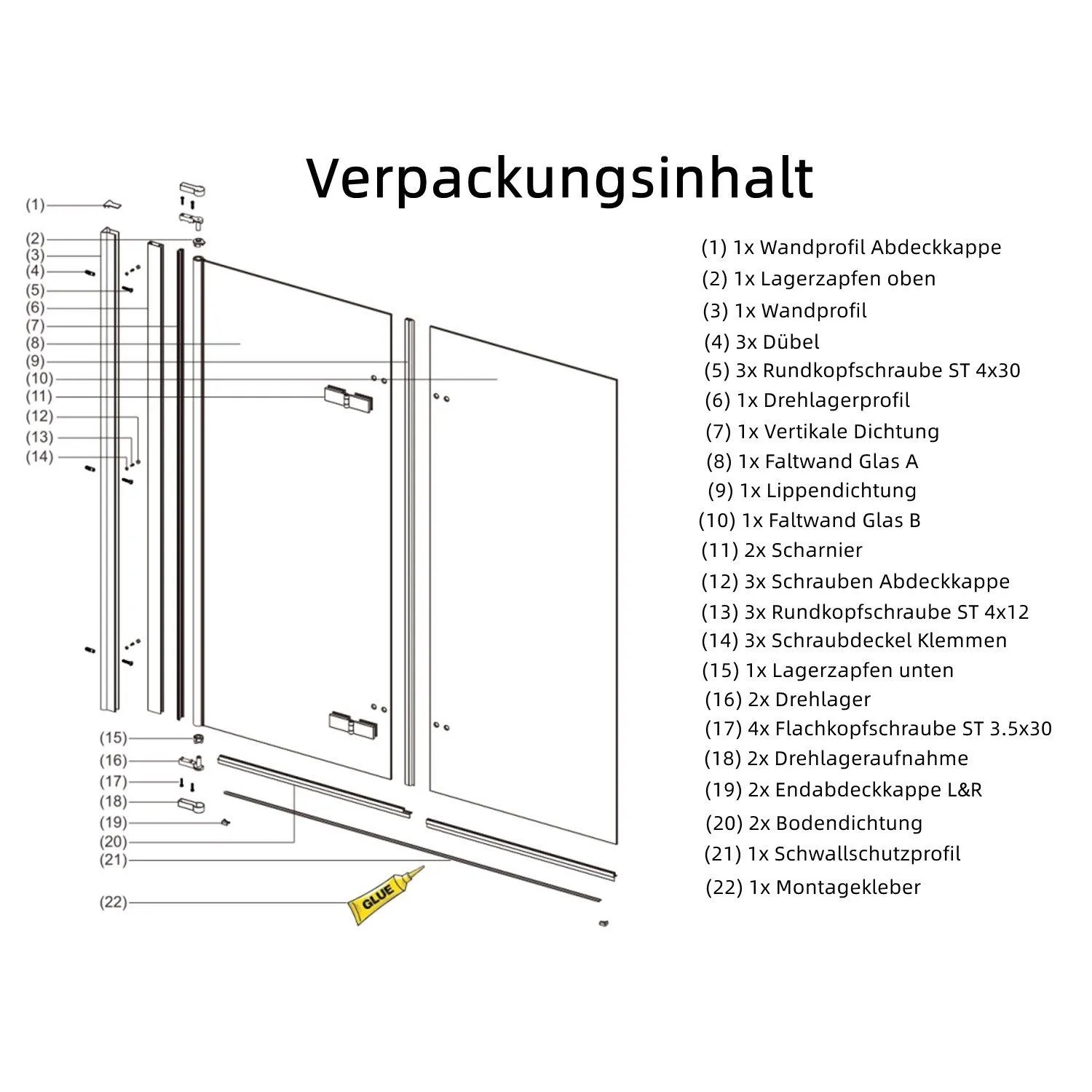 Bestandteile Aquabatos Badewannenaufsatz 120x140cm, 2-teilige Duschwand, Schwarz Matt, Badewannenfaltwand, Duschabtrennung, 5 mm NANO ESG-Sicherheitsglas