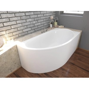 Weiße Acryl Eckbadewanne MIKI 140x70 mit rechtem Ablauf in modernem Bad mit Ziegelwand.