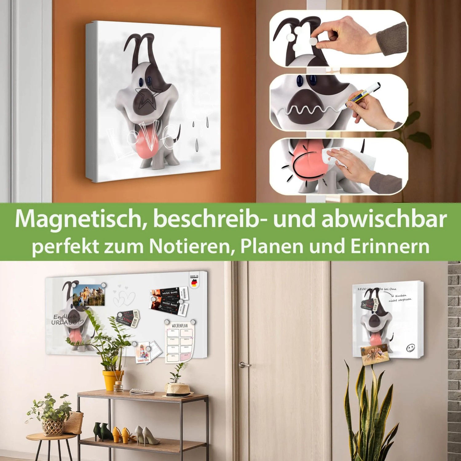 Banjado Großer Schlüsselkasten Metall 30x30cm Weiß Scharnier Links 50 Haken Beschreibbar Magnetisch Motiv Comic-Hund