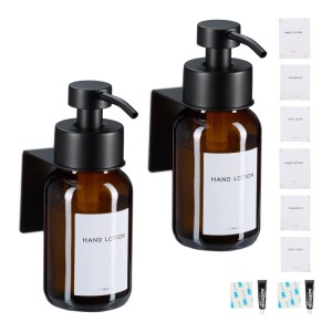 Relaxdays Wandseifenspender 2er Set Glas Edelstahl Schwarz Braun Selbstklebend Bohrfrei 16,5 cm x 6,5 cm x 12,5 cm 0,3 kg