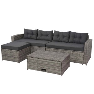 4-teilige, graue Poly-Rattan Lounge-Garnitur mit dunklen Kissen und Tisch mit Staufach.