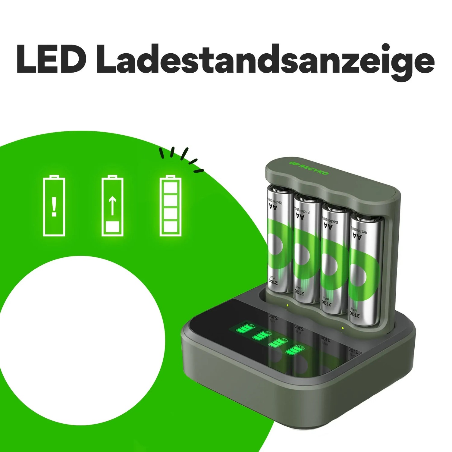 GP Akku-Ladegerät B441 mit 4 AA-Akkus (2100 mAh) in Ladestation. LED-Ladeanzeige.