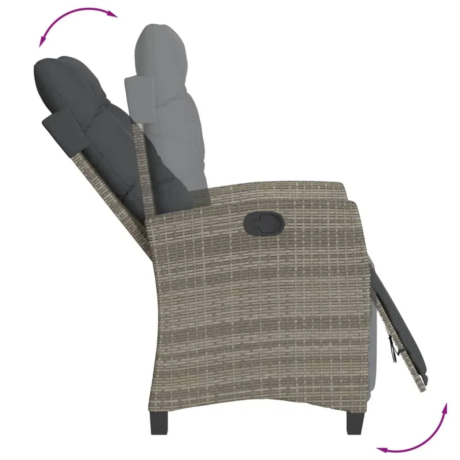 Verstellbarer Gartenstuhl aus grauem Rattan mit Kissen, Teil der vidaXL 9-tlg. Garten-Essgruppe.