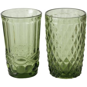 Zwei hellgrüne Boltze Trinkgläser Aurora, 600 ml, 2-fach sortiert mit unterschiedlichen Mustern.