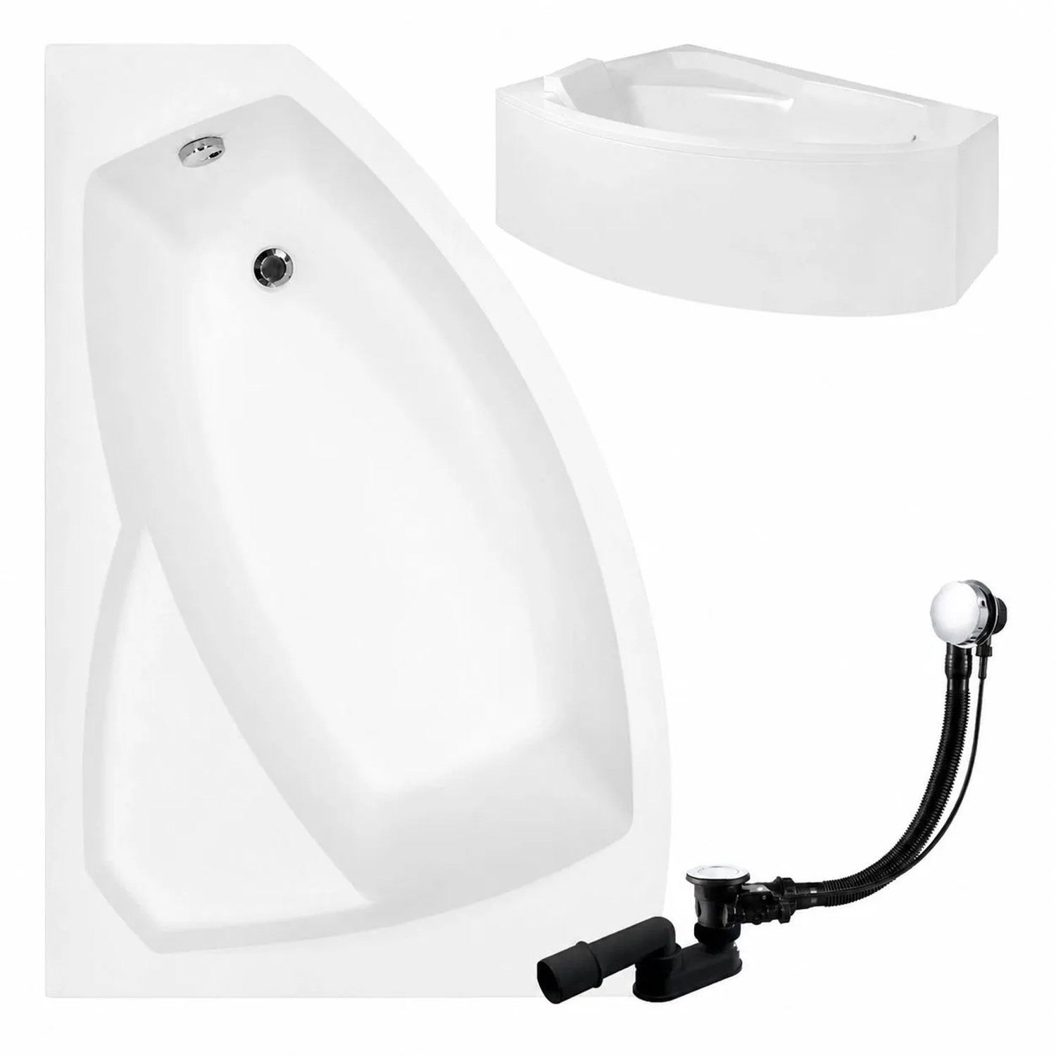 KOLMAN Badewanne Eckwanne 160 x 100 Cm Links Mit Acrylschürze Und Schwarzer Kopfstützen Inkl. Ablauf Und Füße