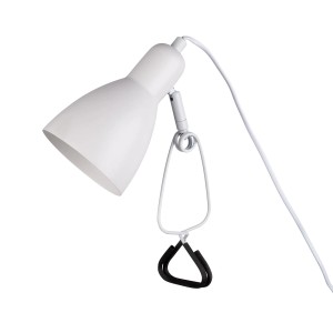 Weiße Näve Klemmleuchte Mara mit Metallklemme und schwarzem Kabel. Ideal als Tischleuchte.