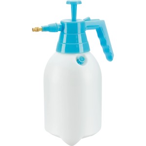 Handdrucksprüher, 2 l, weiß/blau, mit verstellbarer Messingdüse für Garten und Pflanzenpflege.