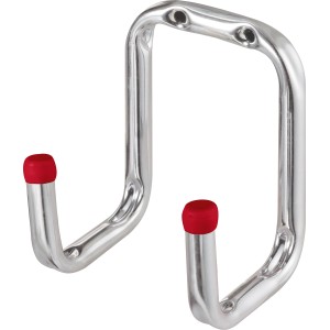 Verzinkter Gerätehalter, Wandhaken mit zwei Spitzen und roten Gummikappen.