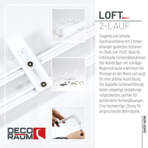 Weiße Deco-Raum Loft 2-Lauf Gardinenschiene aus Aluminium, mit Wandhalterungen und Montagezubehör für Vorhänge.