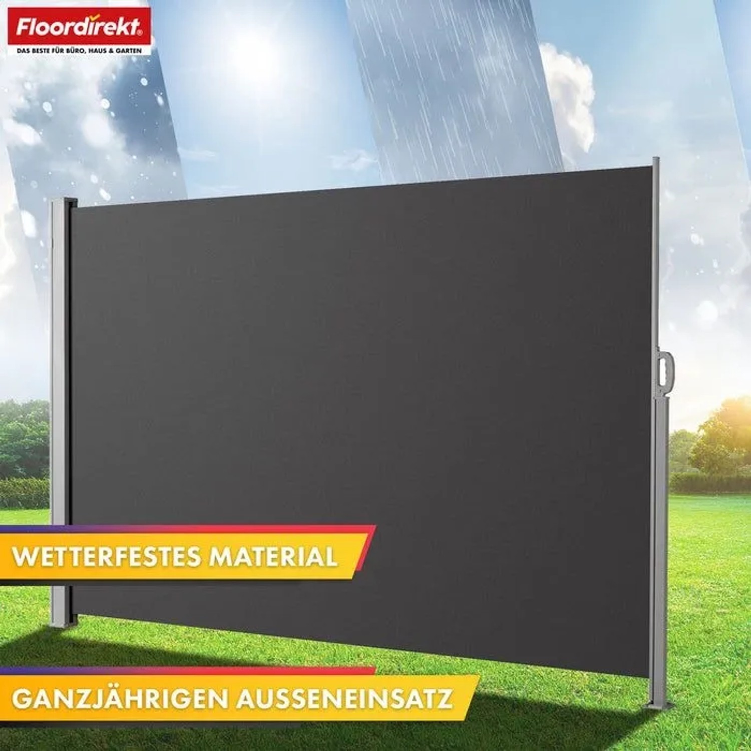 Anthrazitfarbene Floordirekt Seitenmarkise, ausziehbarer Alu Sichtschutz für Garten & Terrasse, wetterfest.
