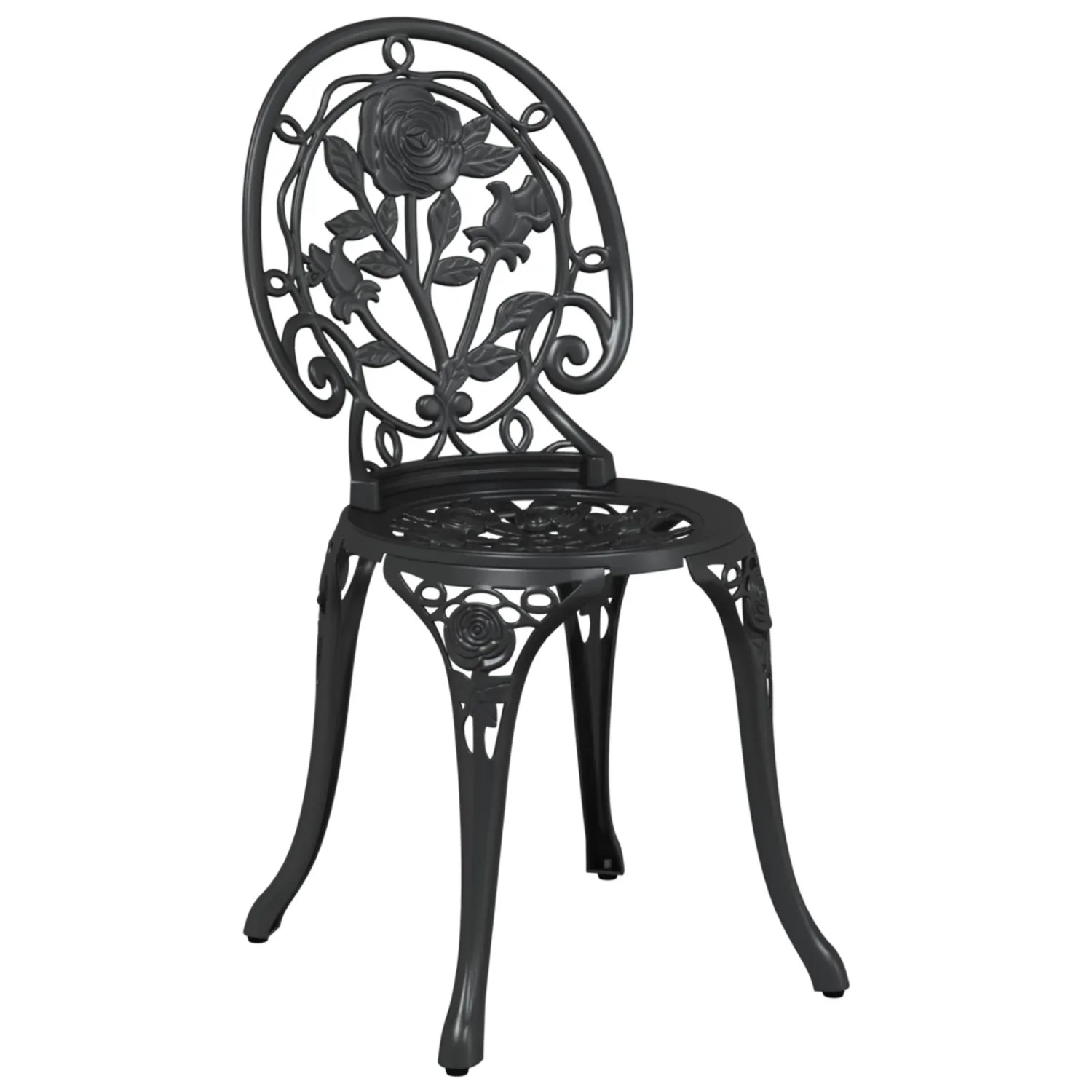 Schwarzer vidaXL Gartenstuhl aus Aluminium mit Rosenmuster, Teil eines 3-tlg. Bistro Sets.