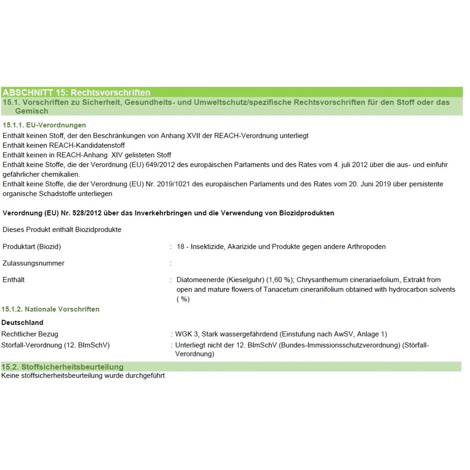 Auszug aus dem Sicherheitsdatenblatt eines Biozidprodukts mit Inhaltsstoffen.