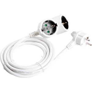 Weiße 2-fach Schuko Verlängerungsleitung mit 3 m Kabel und Flachstecker.
