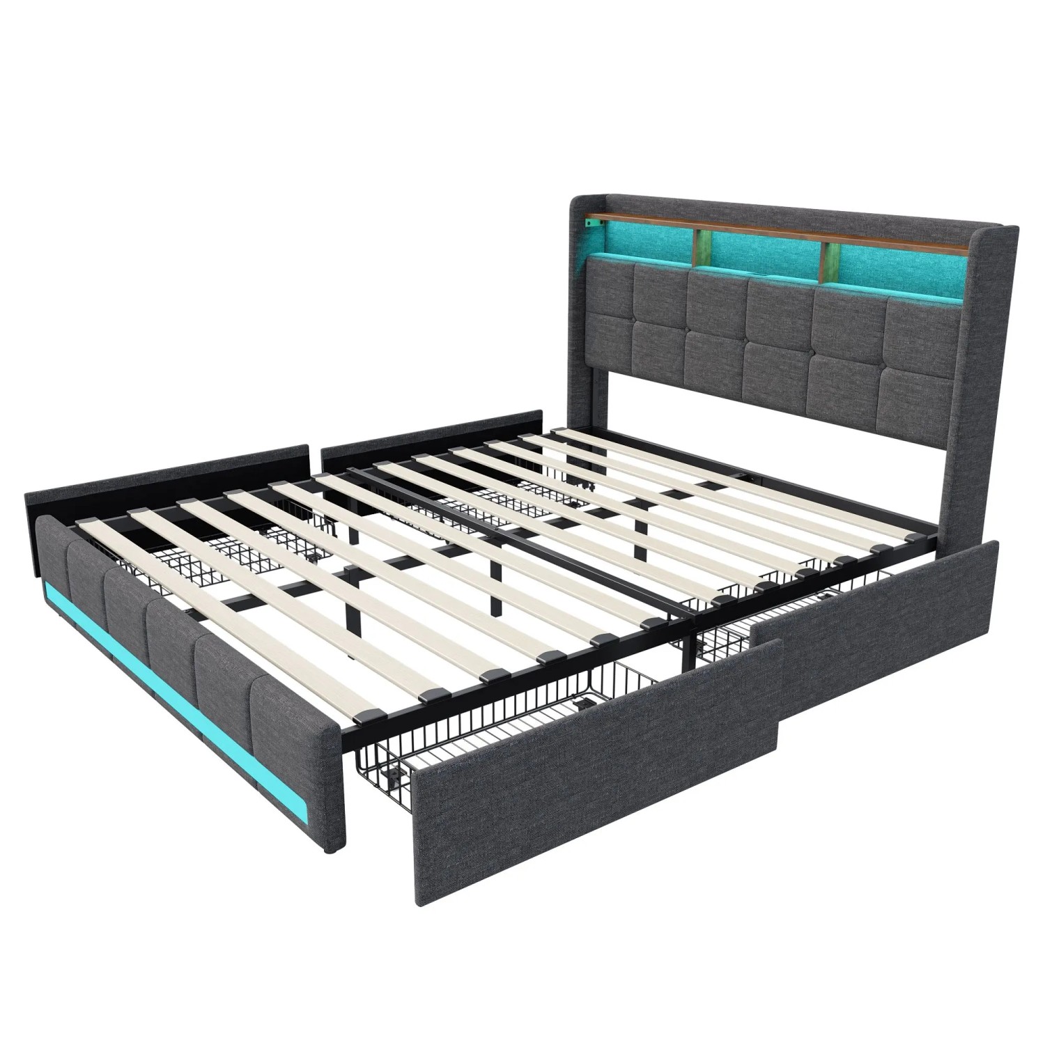 Polsterbett 140x200 mit 4 Schubladen LED Ladefunktion und Lattenrost Grau