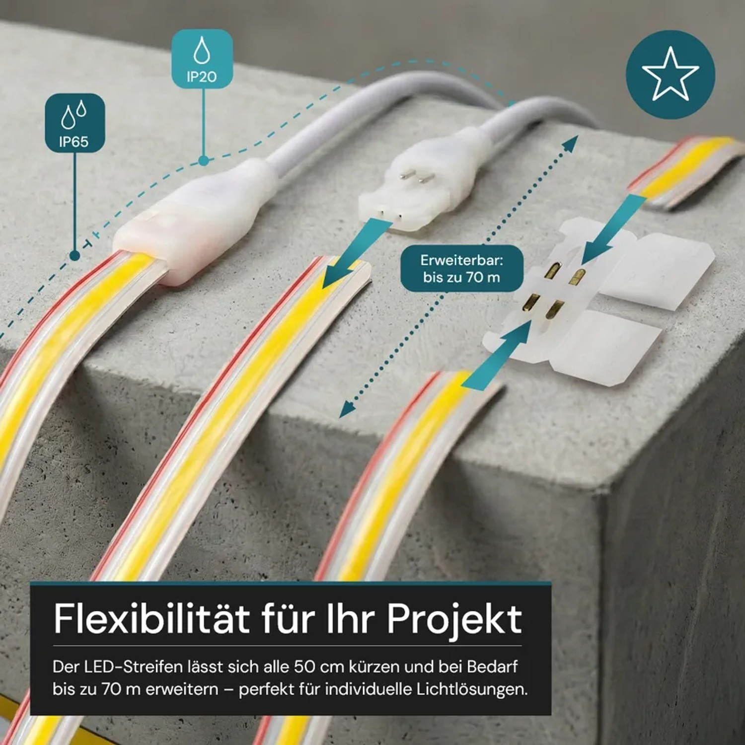 Flexibler, grüner LUXULA COB LED Streifen, kürzbar und erweiterbar, für Weihnachtsbeleuchtung und Dekoration.