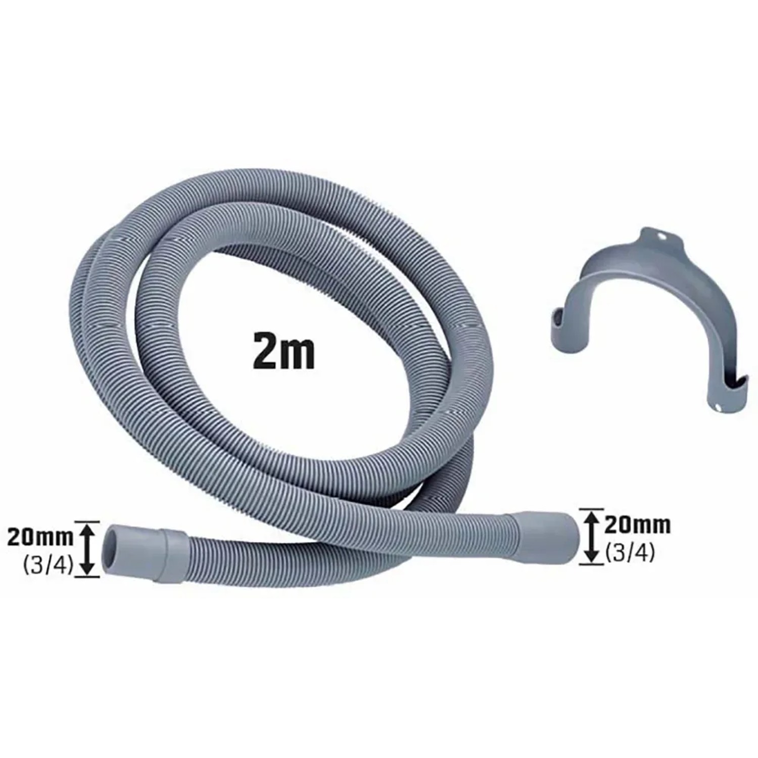 Grauer Ablaufschlauch, 2 m, für Waschmaschine und Spülmaschine mit 20 mm Muffen und Halterung.