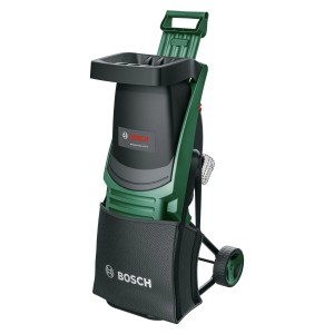 Bosch Akku-Häcksler UniversalShredder mit Akkus und Ladegerät. Elektro-Häcksler in Grün und Schwarz mit Auffangsack.