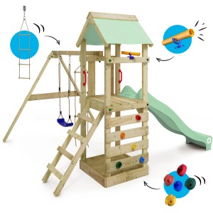 Wickey FreeFlyer Spielturm mit Rutsche und Schaukel in Pastellgrün für den Garten.