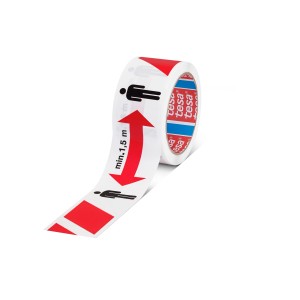Tesa Distanzklebeband rot/weiß, 50mm breit, zur Markierung von Sicherheitsabständen.