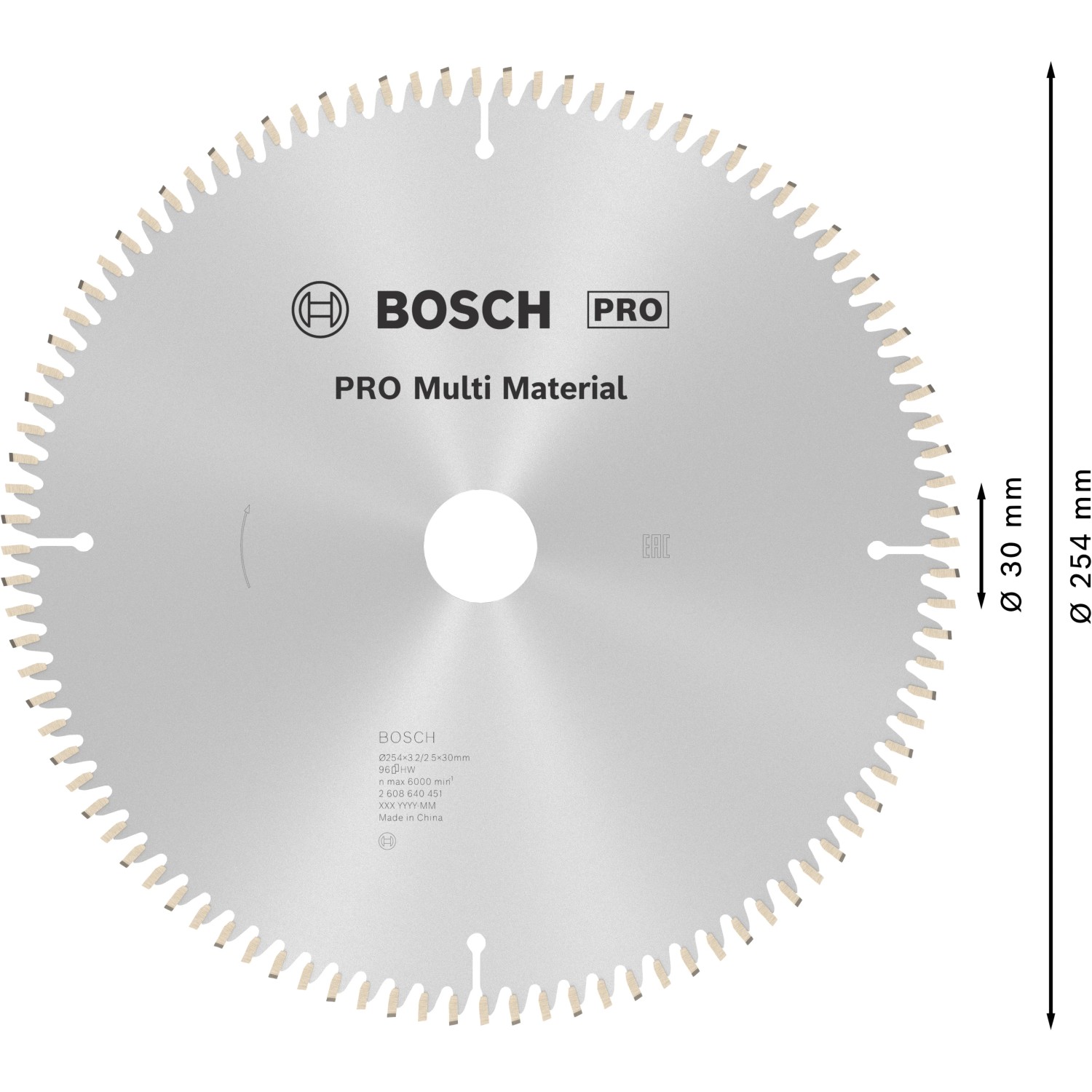 Bosch Kreissägeblatt Multi Material, 254 mm Durchmesser, 96 Zähne für präzise Schnitte.