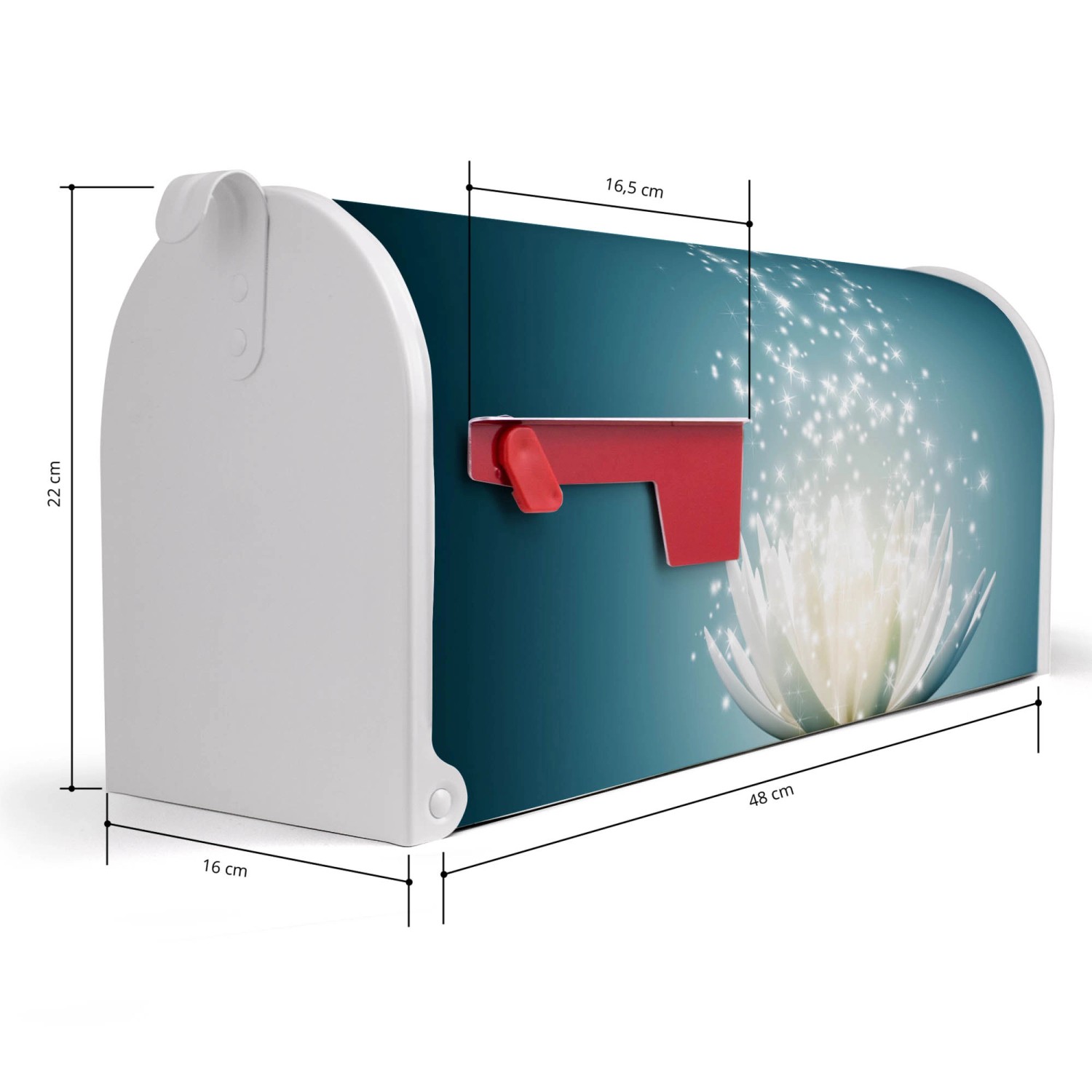 Weißer US Briefkasten mit Lotusblüte Motiv, Stahl pulverbeschichtet, 48x22x16cm.