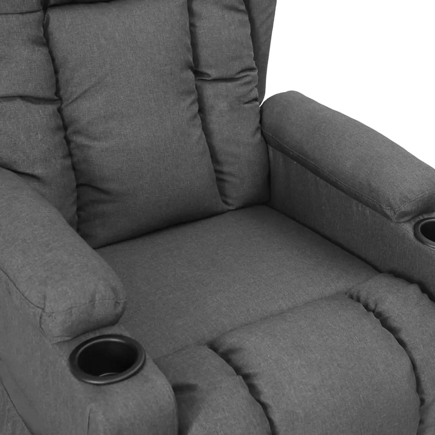Hellgrauer Relaxsessel aus Stoff mit Getränkehaltern. Bequemer Loungesessel für entspannte Stunden.