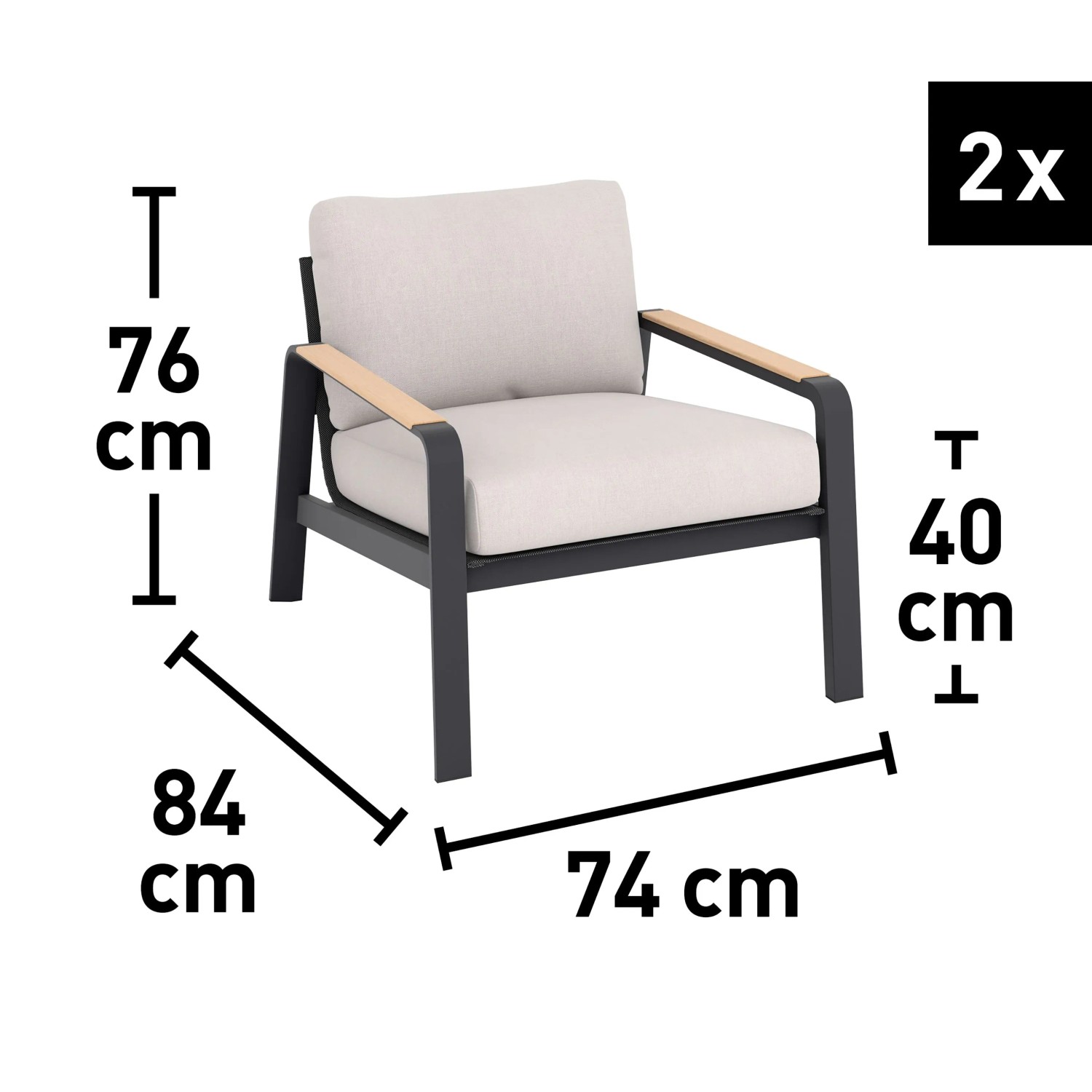 Branford Lounge Sessel, 2er Set, Alu/Stahl, anthrazit/beige, mit Maßangaben