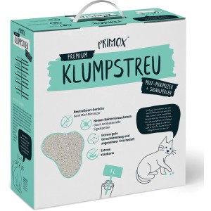 Primox Katzenstreu Premium klumpend, 8l Packung mit Mief-Minimizer und Signalperlen.