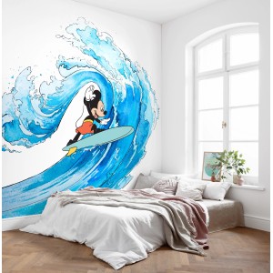 Komar Vliesfototapete mit Mickey Maus beim Surfen auf einer blauen Welle, 300x280 cm.