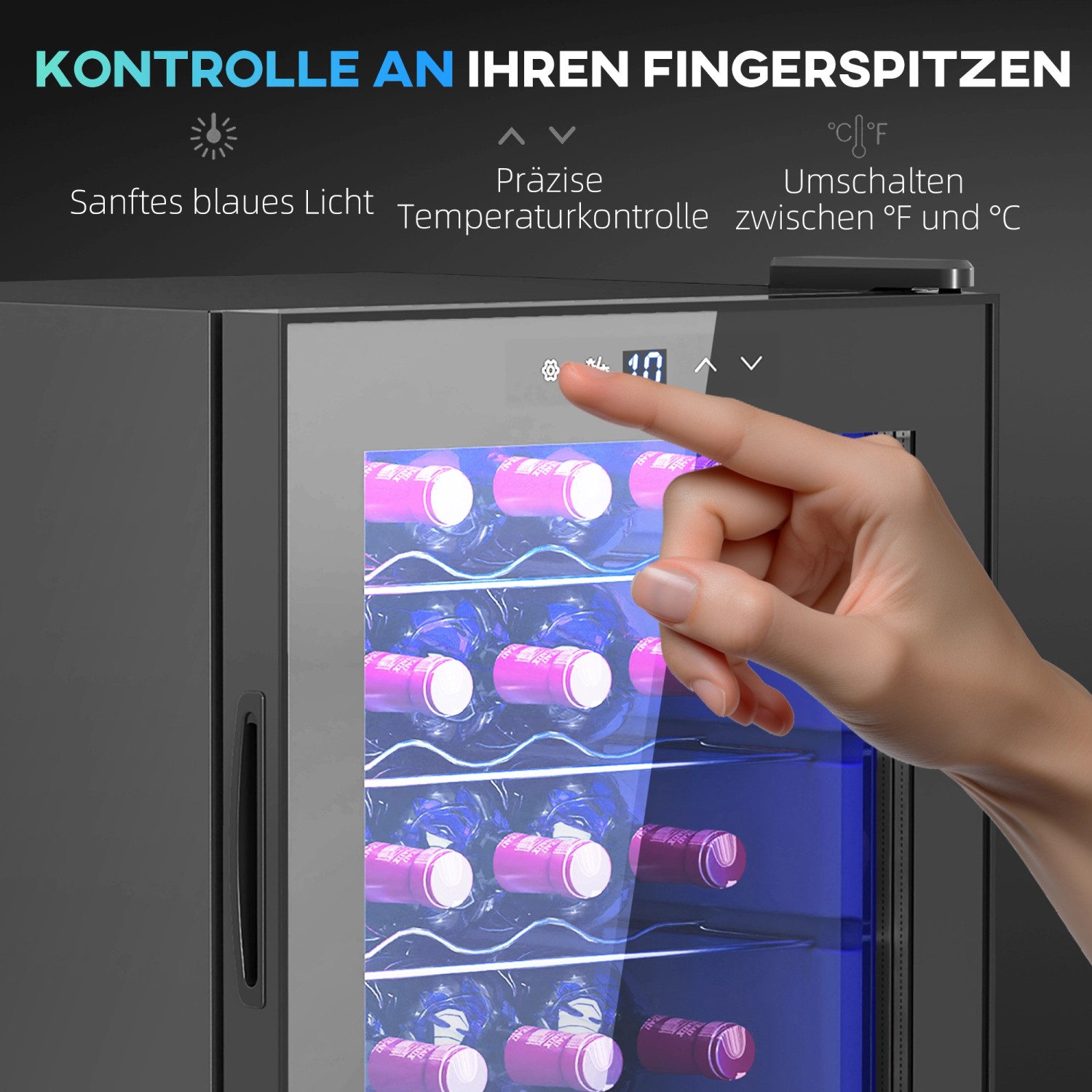 HOMCOM Weinkühlschrank mit Temperaturregelung und blauer Innenbeleuchtung.