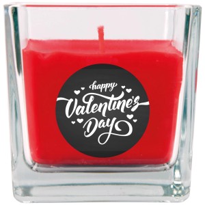 Rote Duftkerze im Glas mit "Happy Valentine's Day" Schriftzug, ideal als Valentinstagsgeschenk.