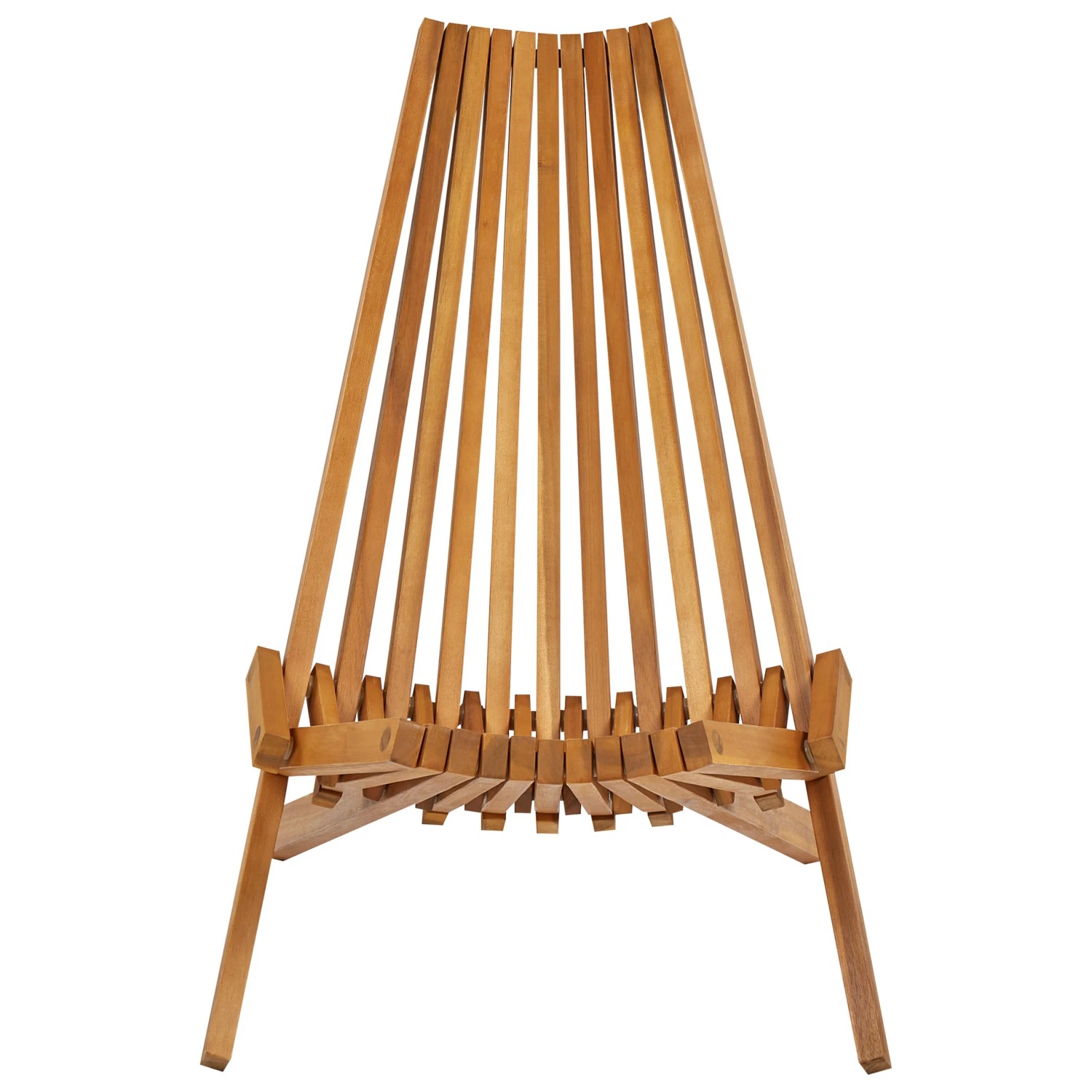 Klappbarer Gartenstuhl aus hellem Akazienholz mit Lattenstruktur, hohe Rückenlehne und tiefe Sitzfläche, Teil eines Bistro Sets.