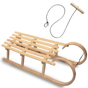 Bambiniwelt Hörnerrodel 120cm aus Buchenholz mit Lattenrost-Sitzfläche und Zugseil für Rodelspaß.