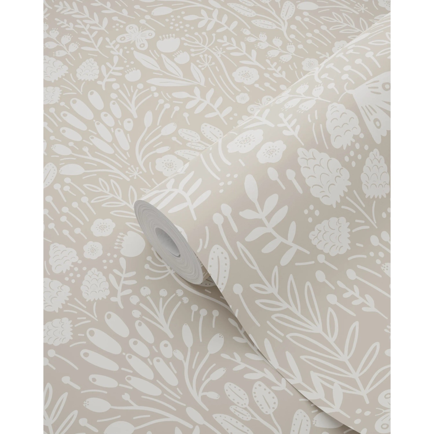 ESTAhome Vliestapete Hellbeige mit weißem, floralem Muster. Dekorative Blumentapete für eine freundliche Raumgestaltung.