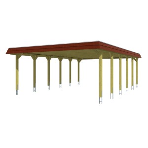 Skan Holz Doppelcarport Spreewald mit roter Blende, Holzkonstruktion mit Aluminiumdachplatten.