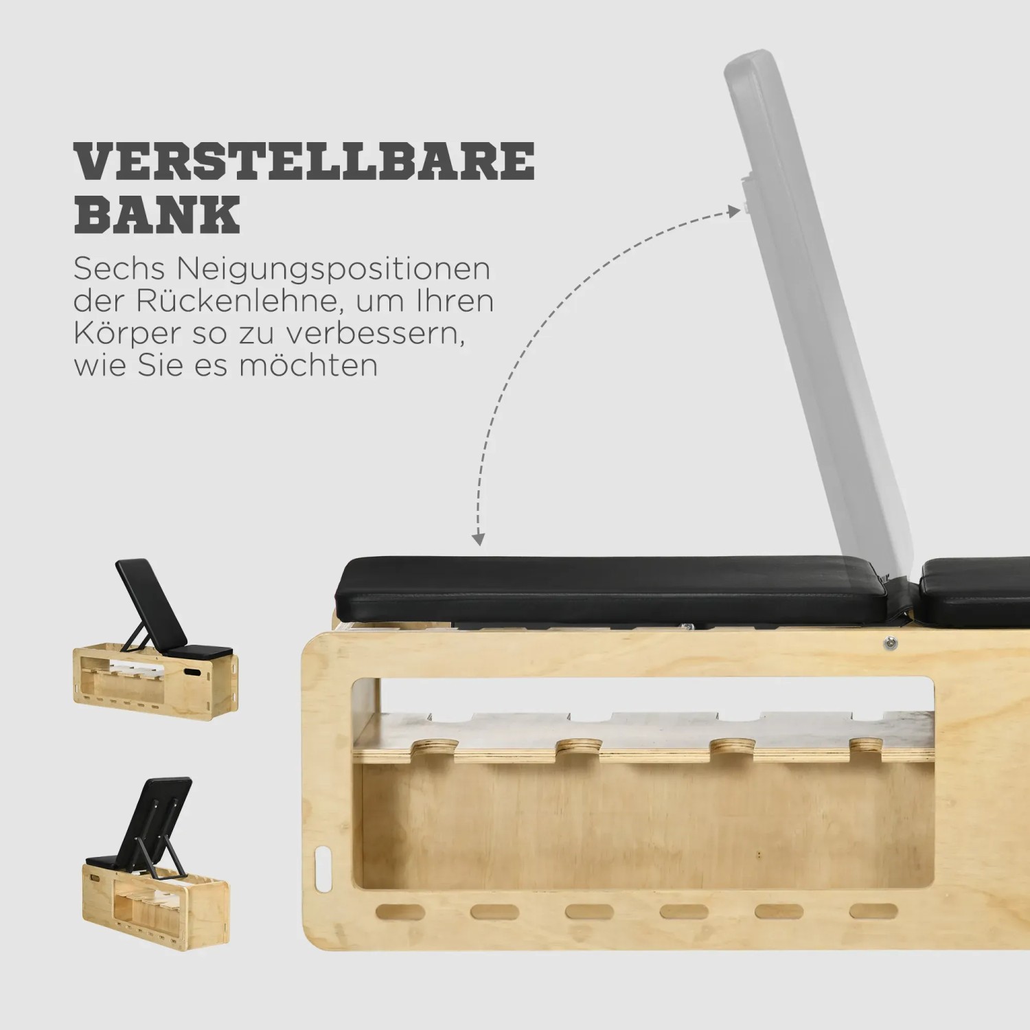 HOMCOM Hantelbank aus Holz mit Aufbewahrungsbox und Widerstandsbändern.