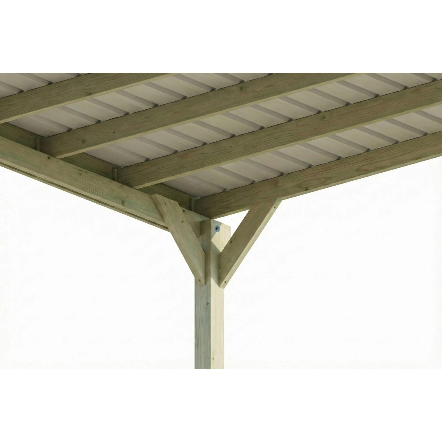 Nahaufnahme der grünen Holzkonstruktion eines Skan Holz Carports mit stabilen Pfosten und Stahl-Dachplatten.