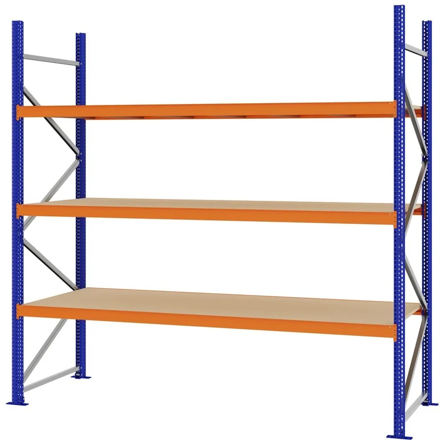 PROREGAL Weitspannregal Schraub-Stecksystem MAGNUS PRO Made In Germany Grundregal 250x250x80cm 3 Ebenen Spanplattenböden Fachlast 430kg Blau/Orange