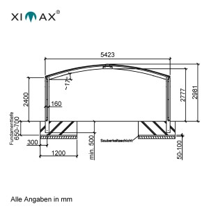 Technische Zeichnung Ximax Carport Portoforte-110 M: Maße und Fundamentdetails für den Doppelcarport.