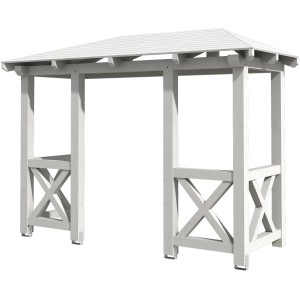 Weißes Skan Holz Haustür-Vordach Wismar 5 (351x134cm) aus lasiertem Fichtenholz mit Dachschalung.